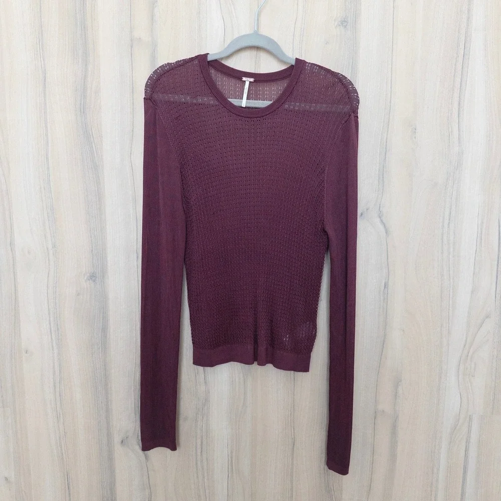 Free People H2O Crew Pullover Sheer Long Sleeve Top XL Burgundy Open Knit Layer